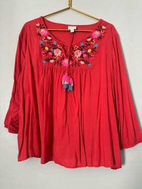 St. John's Bay Embroidered Floral Blouse with Tassels